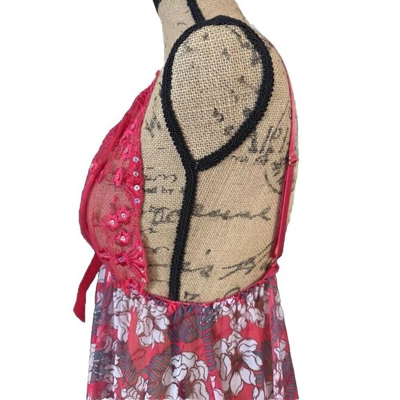 Red Lace Sheer Mesh Floral Slip Dress Chemise Babydoll Dress Gown LARGE Feminine - Picture 3 of 7